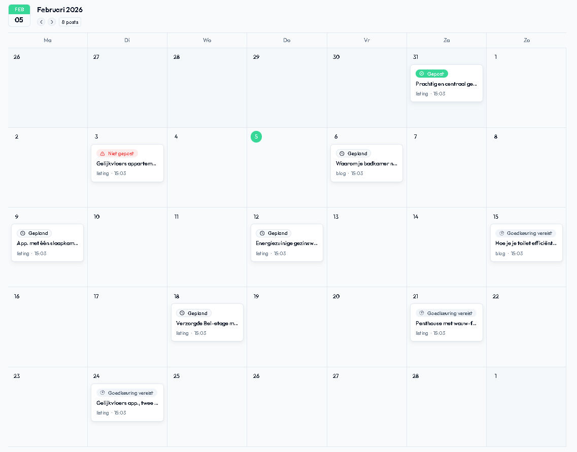 Immosocials dashboard - content kalender met geplande social media posts voor vastgoed